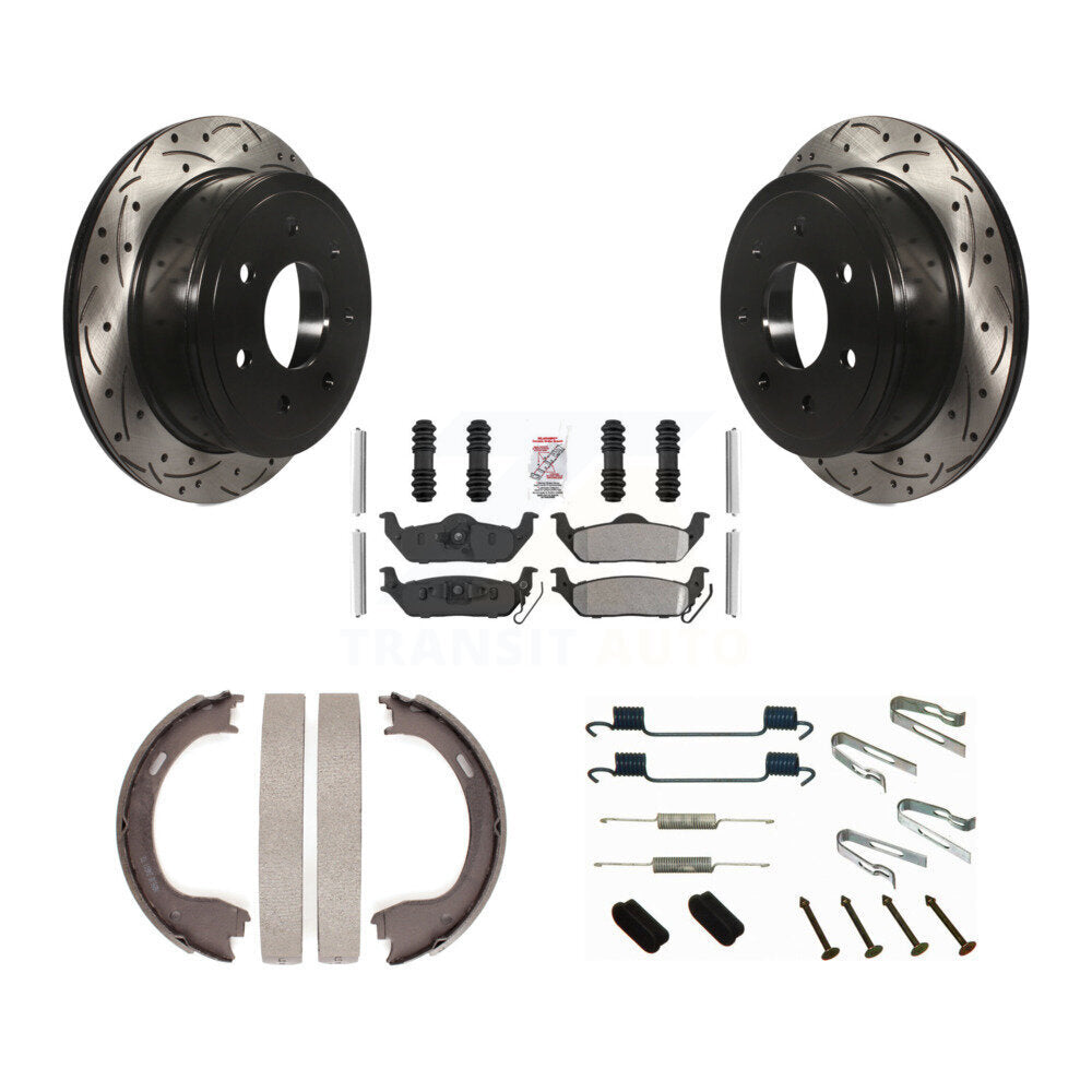 Rear Disc Drilled & Slotted Rotors Semi-Metallic Pads Parking Shoes And Hardware Kit For KDA-103635