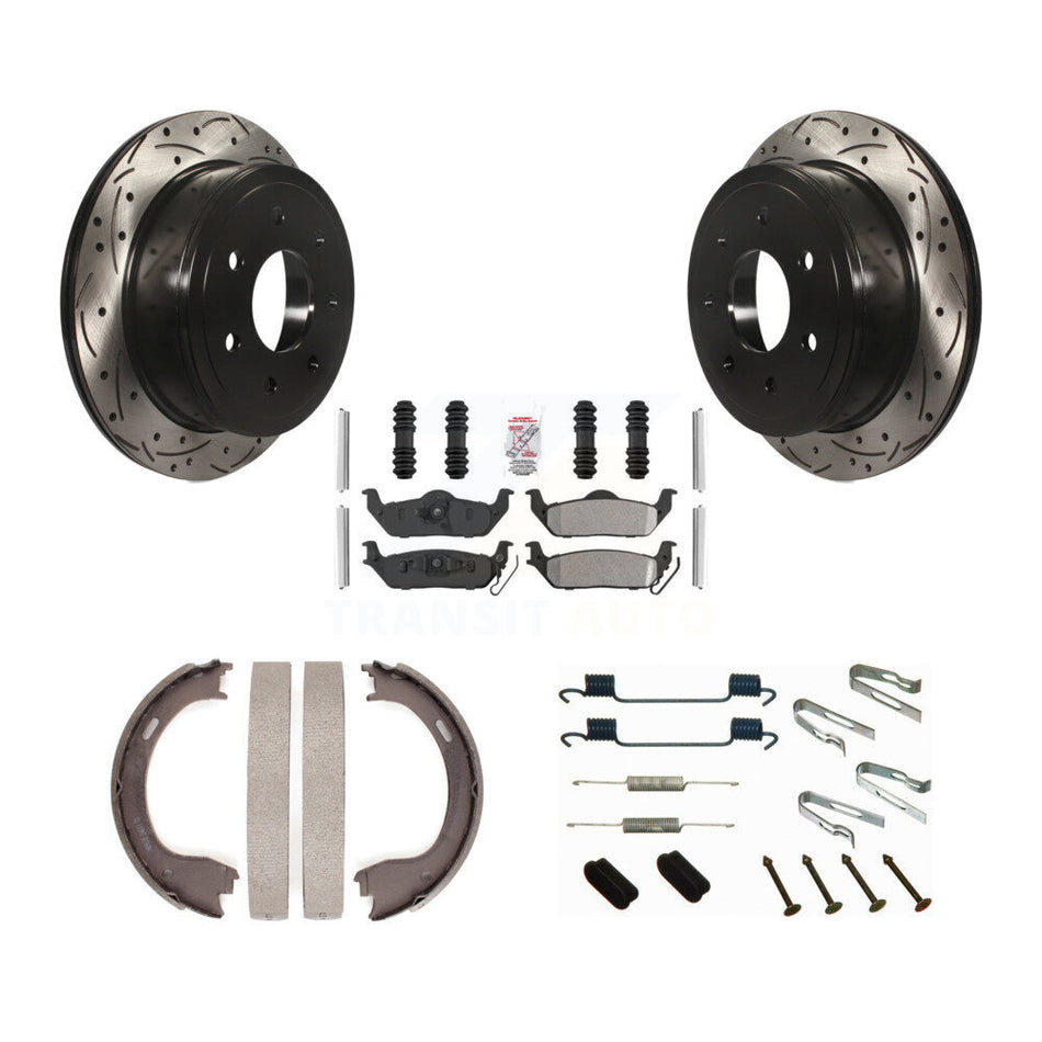 Rear Disc Drilled & Slotted Rotors Semi-Metallic Pads Parking Shoes And Hardware Kit For KDA-103635
