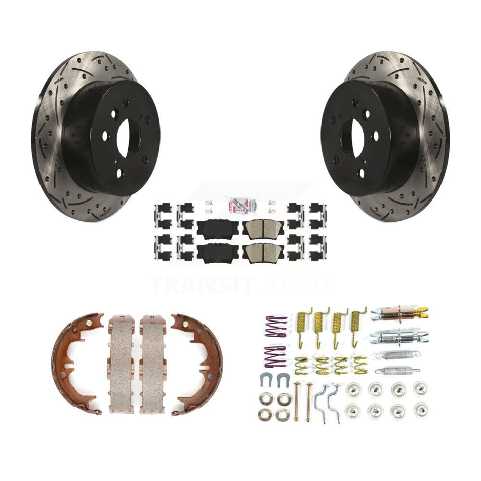 Rear Disc Drilled & Slotted Rotors Ceramic Pads Parking Shoes And Hardware Kit For Toyota KDA-103637