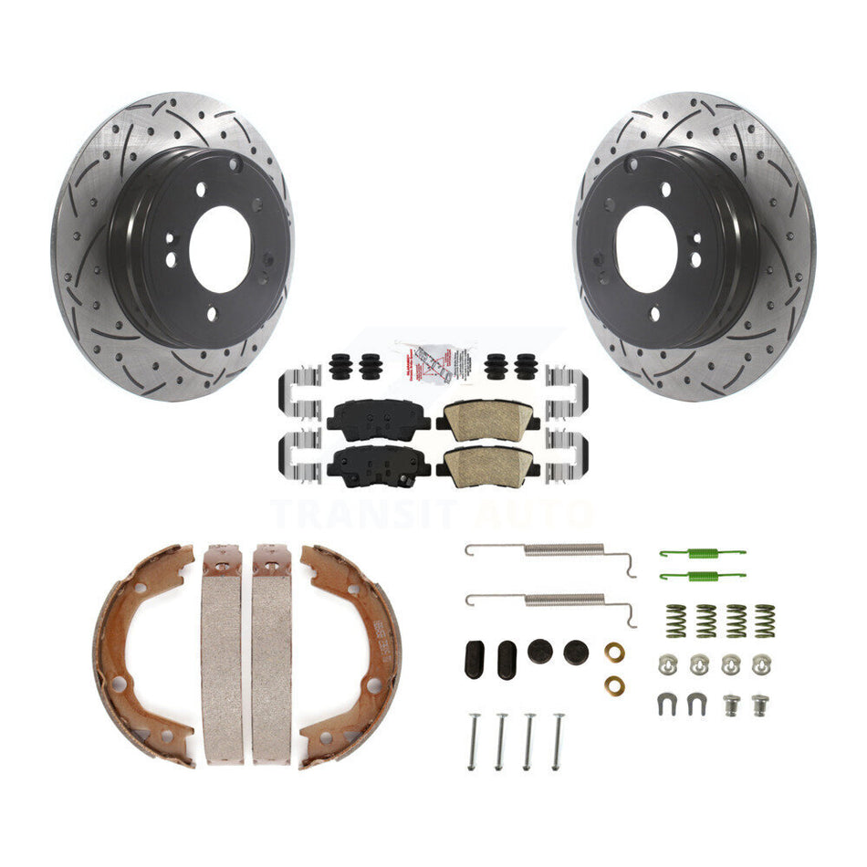 Rear Disc Drilled & Slotted Rotors Ceramic Pads Parking Brake Shoes And Hardware Kit For KDA-103641