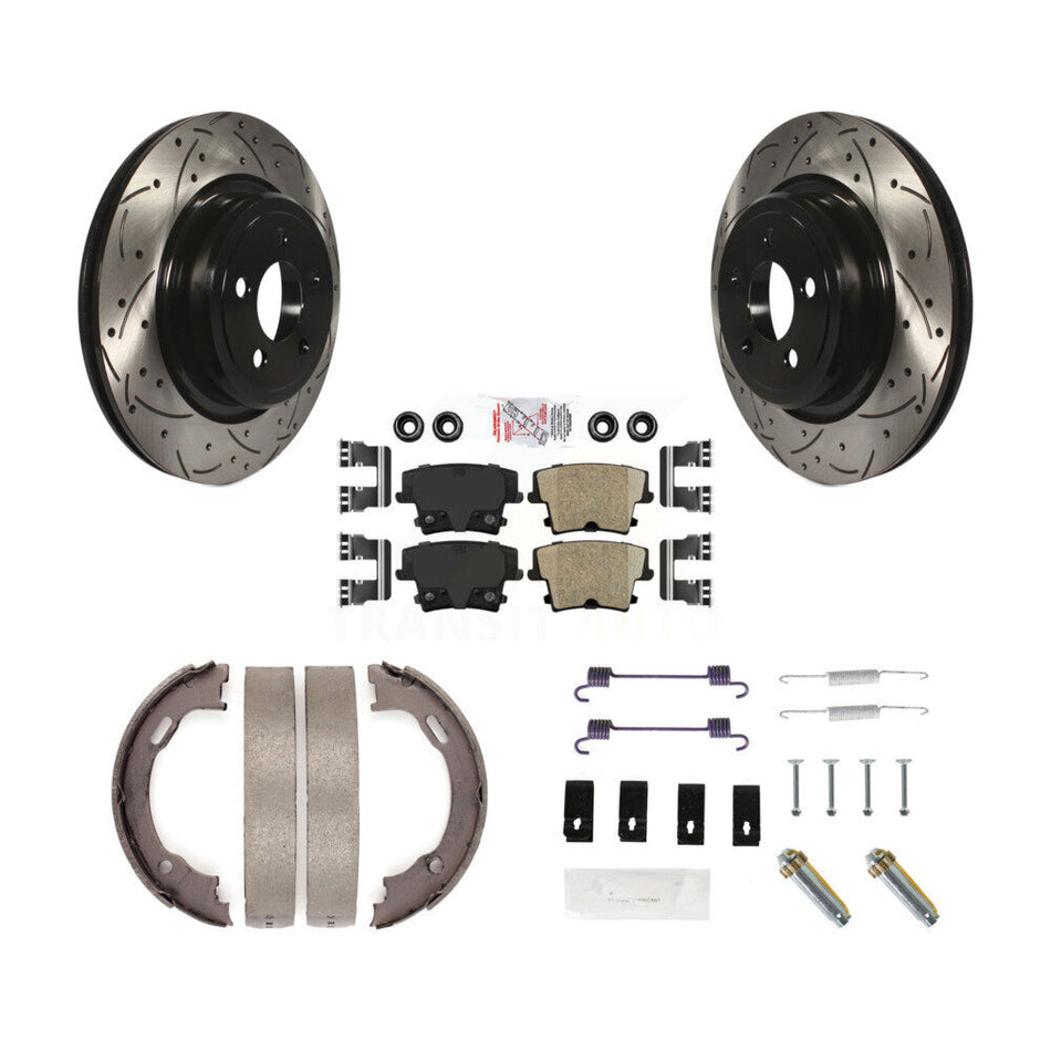 Rear Disc Drilled & Slotted Rotors Ceramic Pads Parking Shoes And Hardware Kit For Dodge KDA-103656