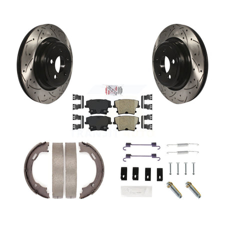 Rear Disc Drilled & Slotted Rotors Ceramic Pads Parking Shoes And Hardware Kit For Dodge KDA-103657