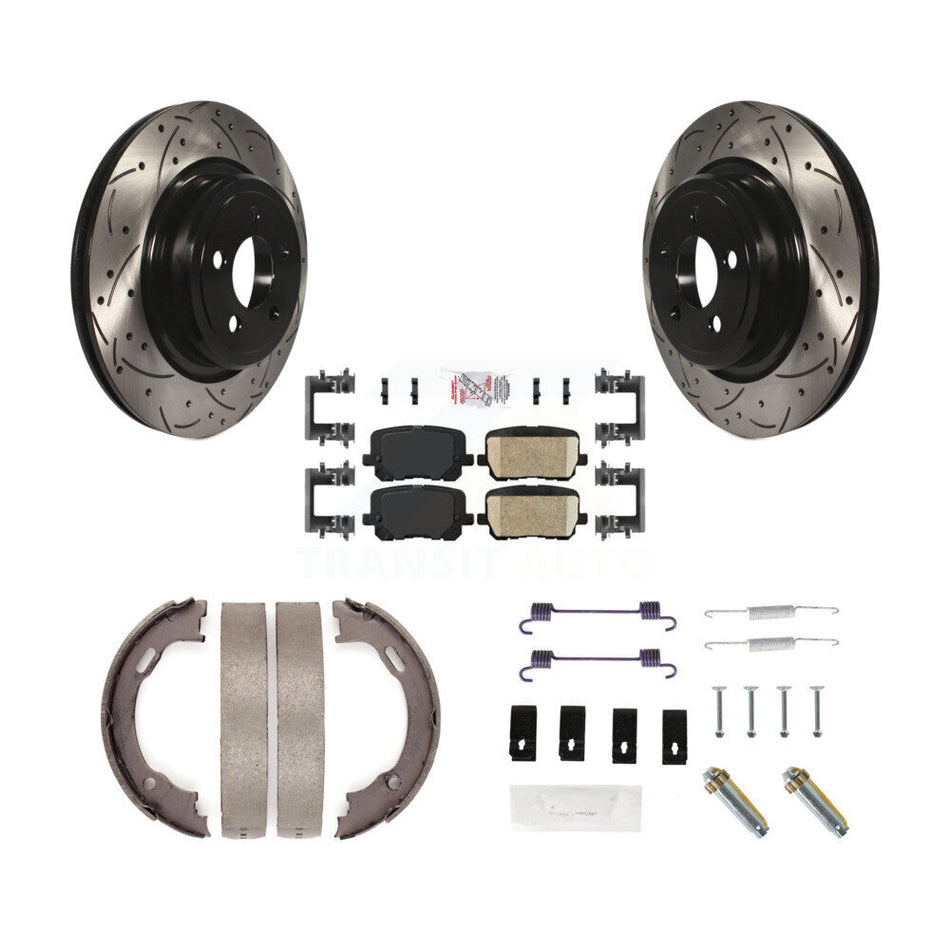 Rear Disc Drilled & Slotted Rotors Ceramic Pads Parking Brake Shoes And Hardware Kit For KDA-103658