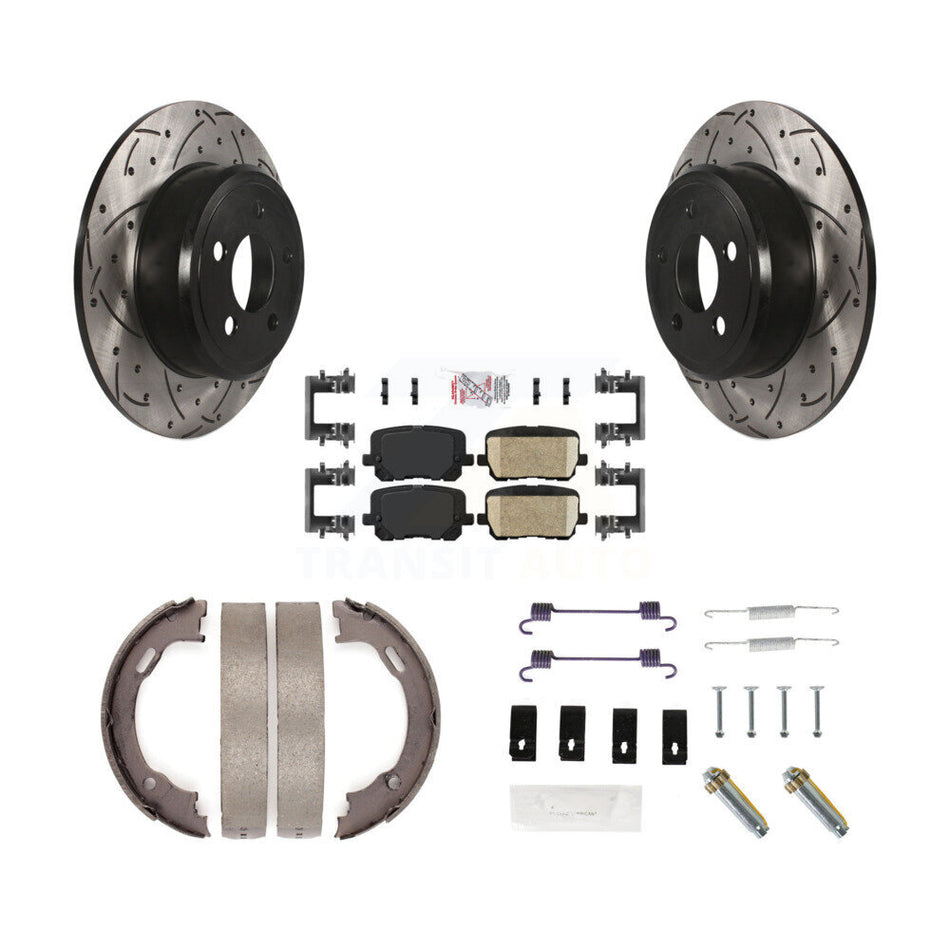 Rear Disc Drilled & Slotted Rotors Ceramic Pads Parking Brake Shoes And Hardware Kit For KDA-103660