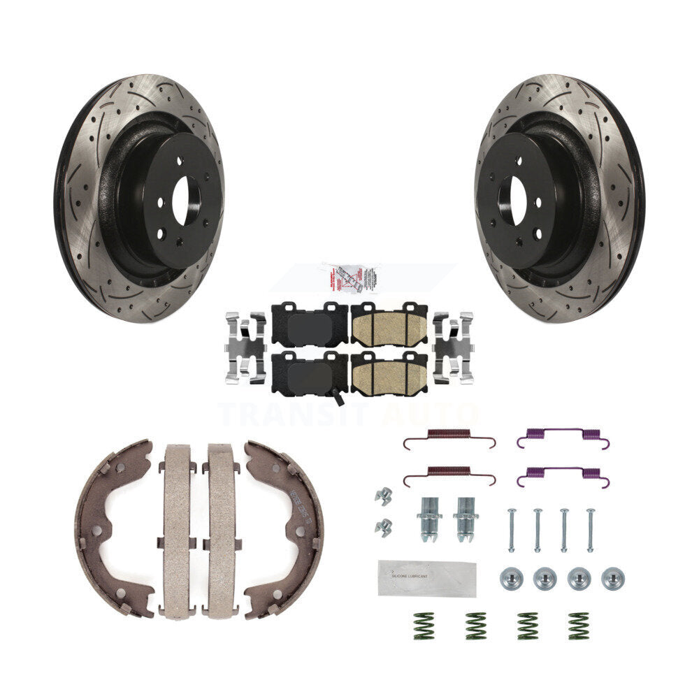 Rear Disc Drilled & Slotted Rotors Ceramic Pads Parking Shoes Hardware Kit For INFINITI KDA-103664