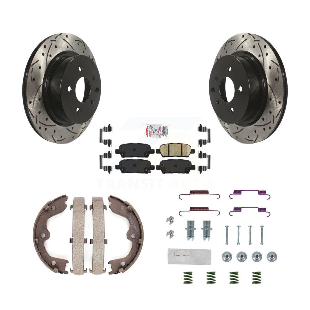 Rear Disc Drilled & Slotted Rotors Ceramic Pads Parking Shoes Hardware Kit For INFINITI KDA-103669