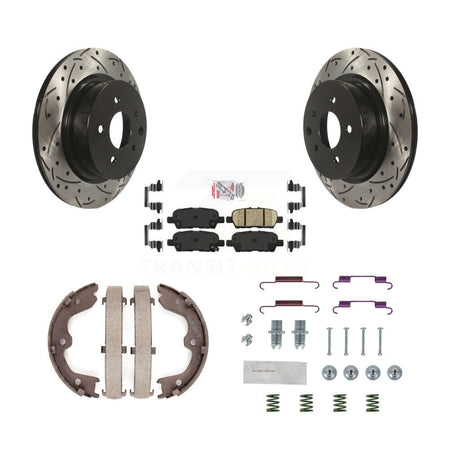 Rear Disc Drilled & Slotted Rotors Ceramic Pads Parking Shoes Hardware Kit For INFINITI KDA-103669