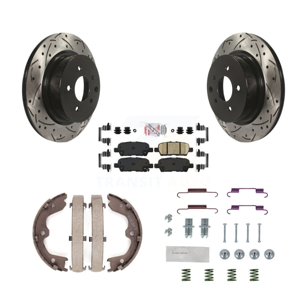 Rear Disc Drilled & Slotted Rotors Ceramic Pads Parking Shoes Hardware Kit For INFINITI KDA-103670
