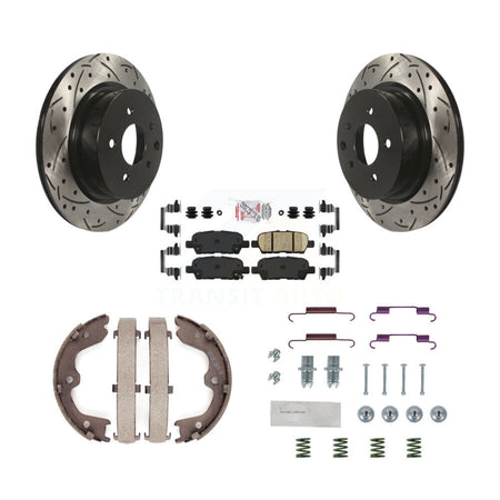 Rear Disc Drilled & Slotted Rotors Ceramic Pads Parking Shoes Hardware Kit For INFINITI KDA-103670