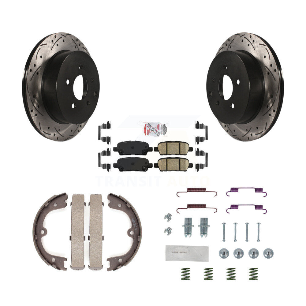 Rear Disc Drilled & Slotted Rotors Ceramic Pads Parking Shoes And Hardware Kit For Nissan KDA-103671