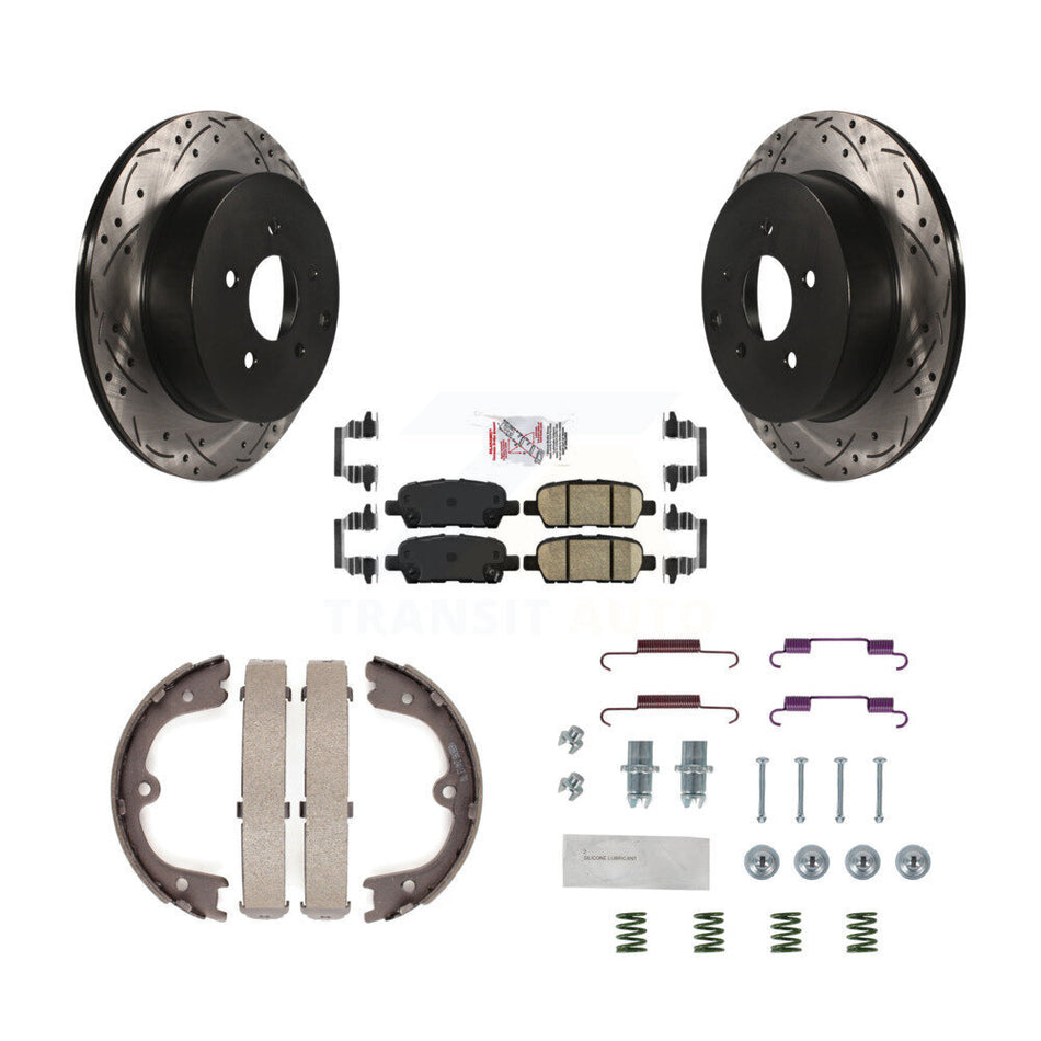Rear Disc Drilled & Slotted Rotors Ceramic Pads Parking Shoes And Hardware Kit For Nissan KDA-103671