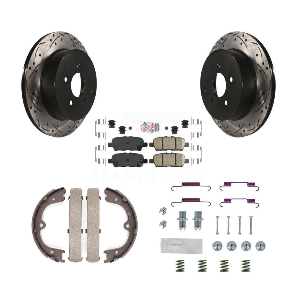 Rear Disc Drilled & Slotted Rotors Ceramic Pads Parking Shoes And Hardware Kit For Nissan KDA-103672