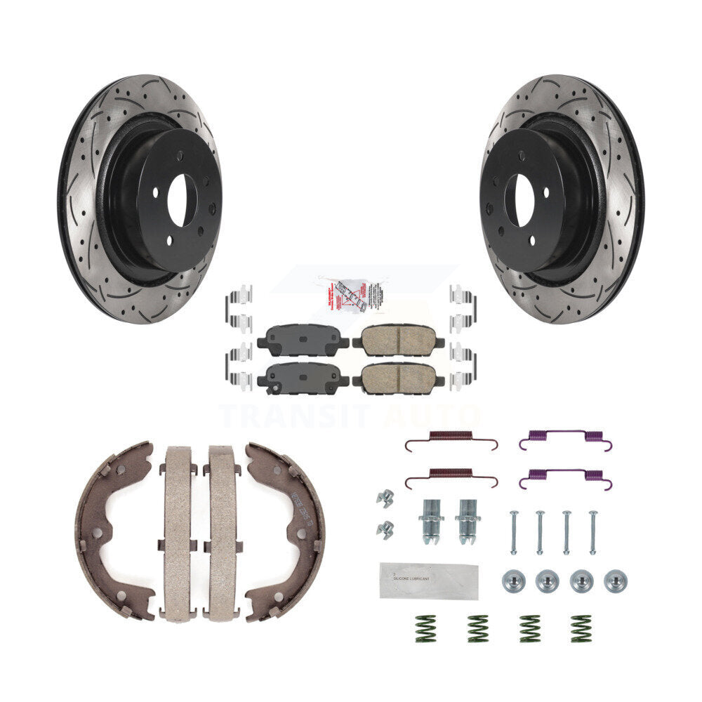 Rear Disc Drilled & Slotted Rotors Ceramic Pads Parking Shoes Hardware Kit For INFINITI KDA-103674