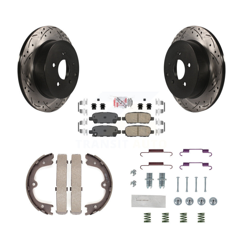 Rear Disc Drilled & Slotted Rotors Ceramic Pads Parking Brake Shoes And Hardware Kit For KDA-103675