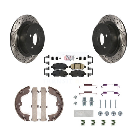 Rear Disc Drilled & Slotted Rotors Ceramic Pads Parking Shoes And Hardware Kit For Nissan KDA-103678