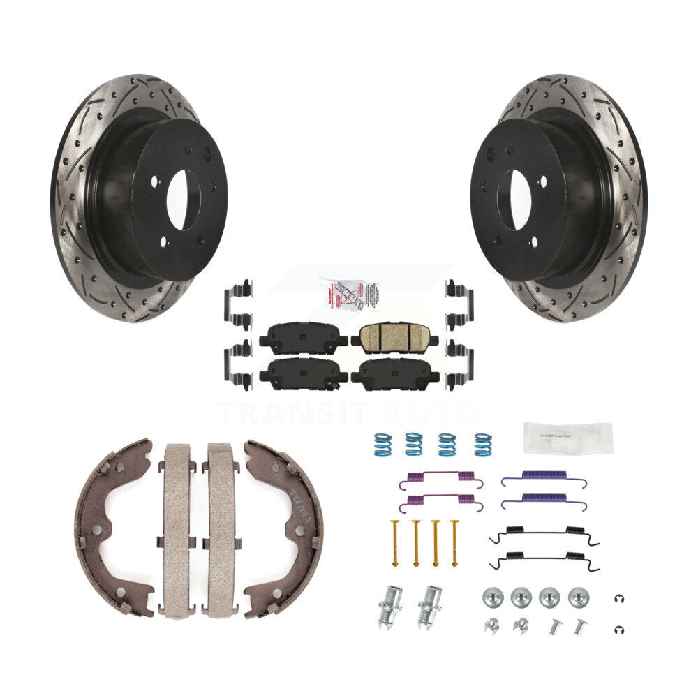 Rear Disc Drilled & Slotted Rotors Ceramic Pads Parking Brake Shoes And Hardware Kit For KDA-103679