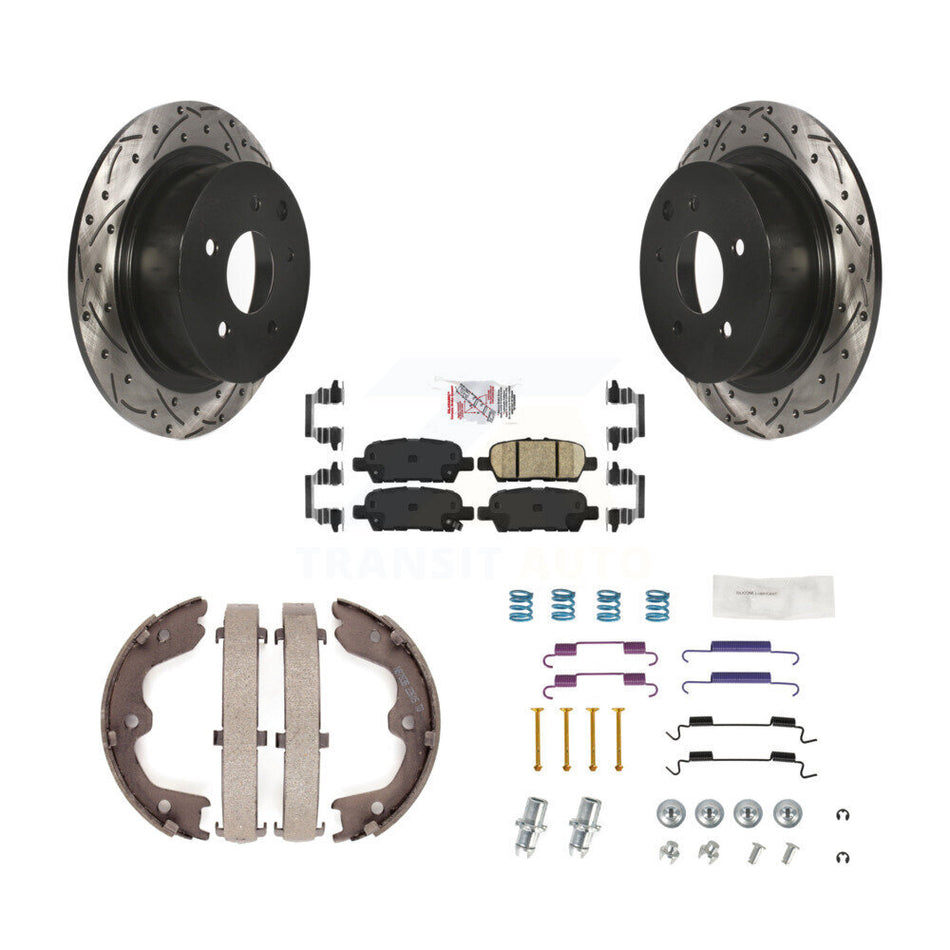 Rear Disc Drilled & Slotted Rotors Ceramic Pads Parking Brake Shoes And Hardware Kit For KDA-103679