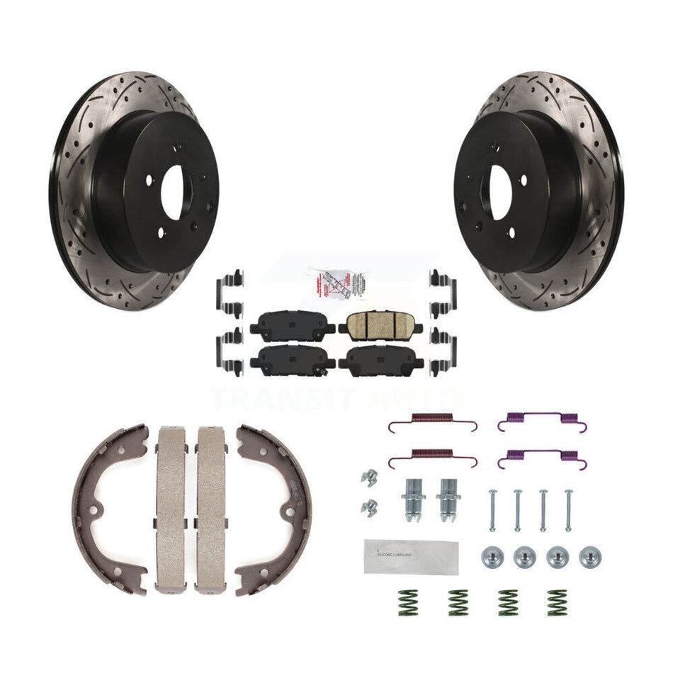 Rear Disc Drilled & Slotted Rotors Ceramic Pads Parking Shoes Hardware Kit For Nissan Q50 KDA-103681