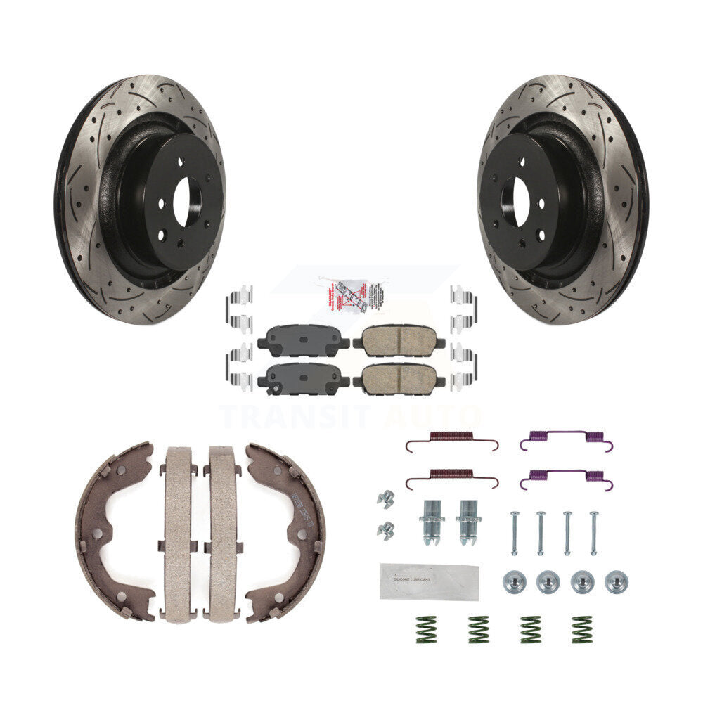 Rear Disc Drilled & Slotted Rotors Ceramic Pads Parking Brake Shoes And Hardware Kit For KDA-103684