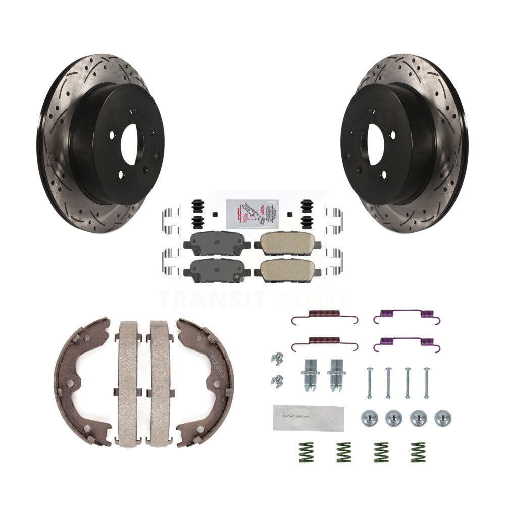 Rear Disc Drilled & Slotted Rotors Ceramic Pads Parking Shoes Hardware Kit For INFINITI KDA-103689