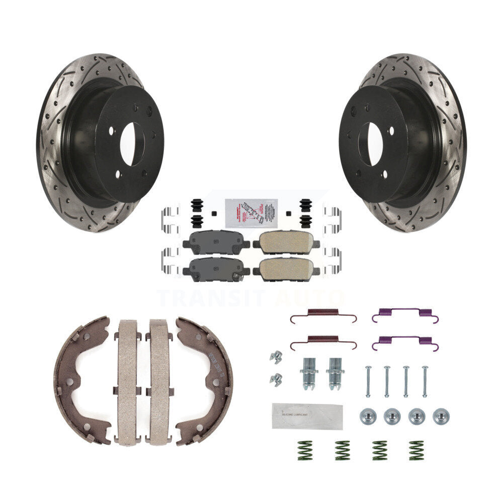 Rear Disc Drilled & Slotted Rotors Ceramic Pads Parking Shoes And Hardware Kit For Nissan KDA-103693