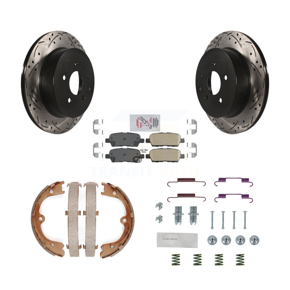 Rear Disc Drilled & Slotted Rotors Ceramic Pads Parking Shoes Hardware Kit For INFINITI KDA-103694