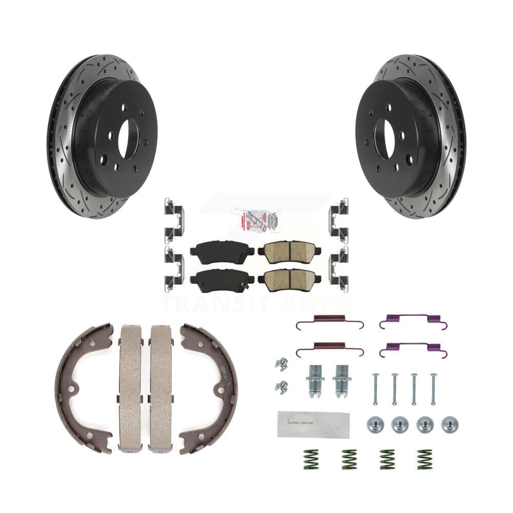 Rear Disc Drilled & Slotted Rotors Ceramic Pads Parking Brake Shoes And Hardware Kit For KDA-103696