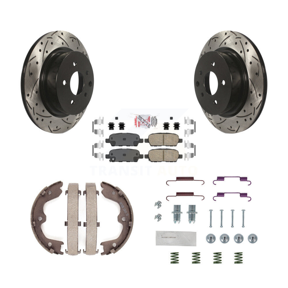 Rear Disc Drilled & Slotted Rotors Ceramic Pads Parking Shoes Hardware Kit For INFINITI KDA-103697