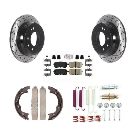 Rear Disc Drilled & Slotted Rotors Ceramic Pads Parking Brake Shoes And Hardware Kit For KDA-103699