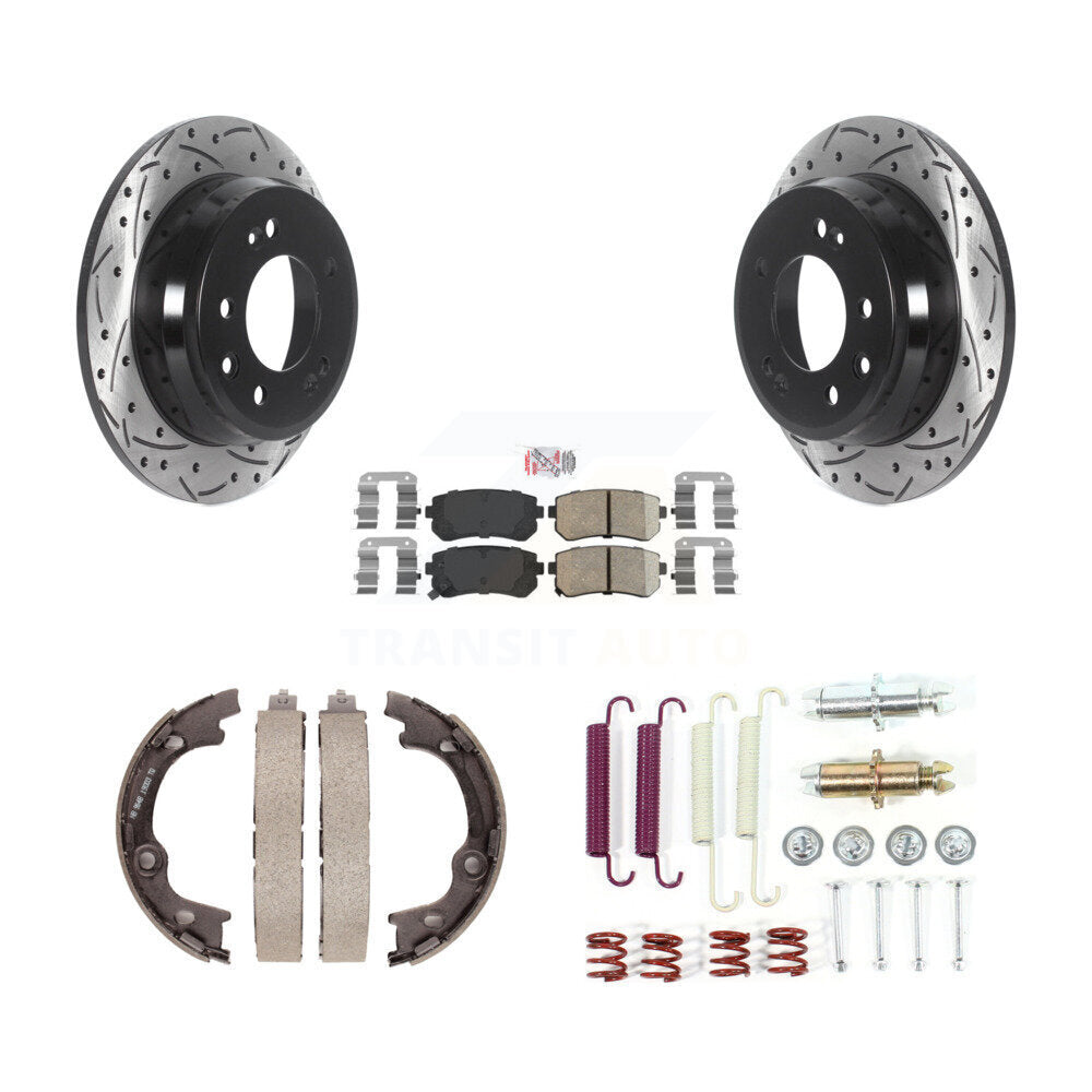 Rear Disc Drilled & Slotted Rotors Ceramic Pads Parking Brake Shoes And Hardware Kit For KDA-103700