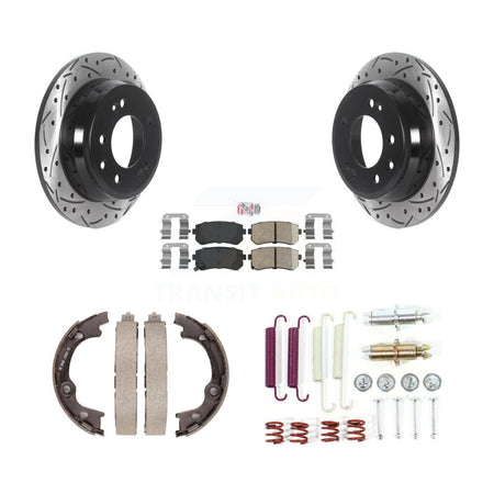 Rear Disc Drilled & Slotted Rotors Ceramic Pads Parking Brake Shoes And Hardware Kit For KDA-103700