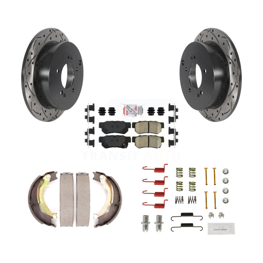 Rear Disc Drilled & Slotted Rotors Ceramic Pads Parking Shoes Hardware Kit For Hyundai KDA-103701