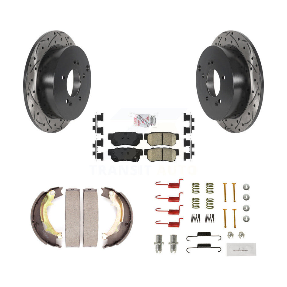 Rear Disc Drilled & Slotted Rotors Ceramic Pads Parking Shoes Hardware Kit For Hyundai KDA-103702