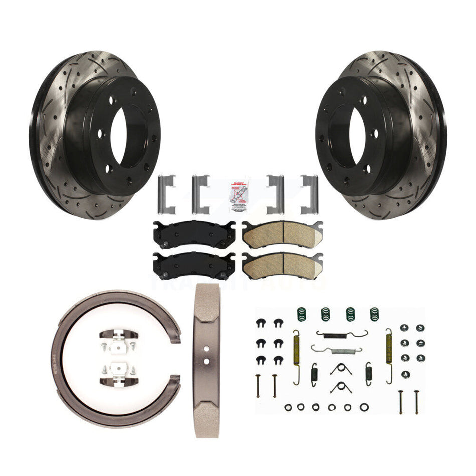 Rear Disc Drilled & Slotted Rotors Ceramic Pads Parking Shoes Hardware Kit For Chevrolet KDA-103703