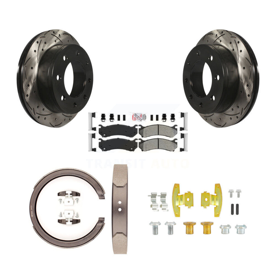 Rear Disc Drilled & Slotted Rotors Semi-Metallic Pads Parking Shoes Hardware Kit For 1500 KDA-103704