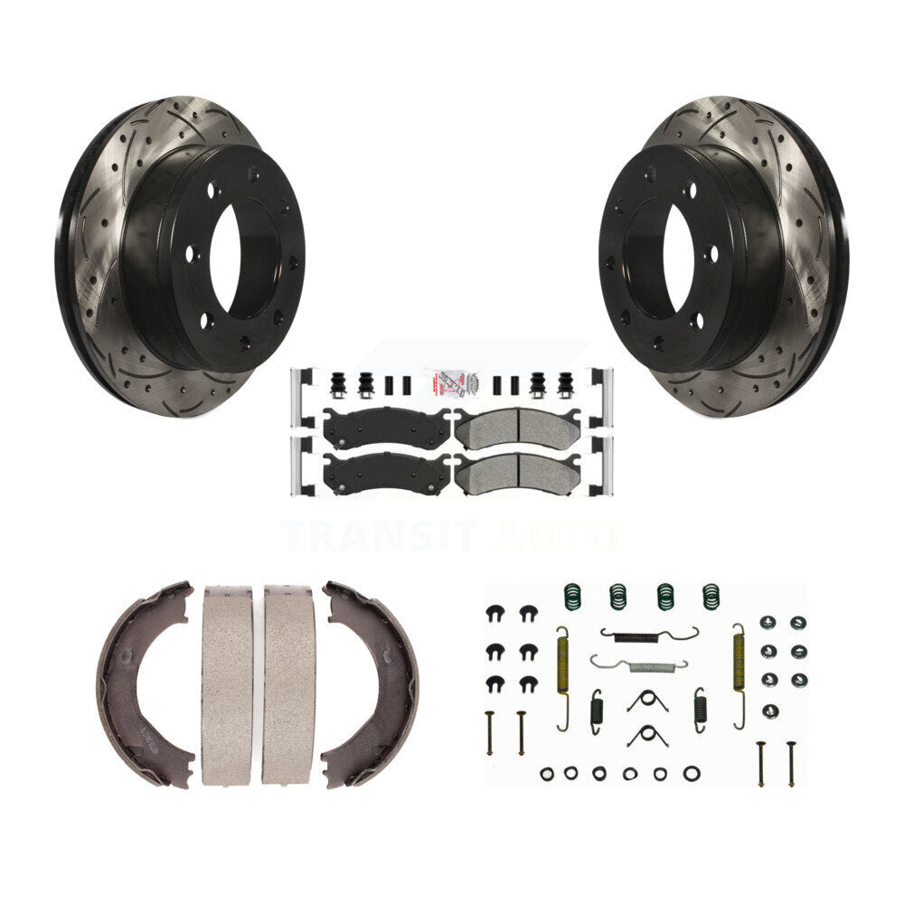 Rear Disc Drilled & Slotted Rotors Semi-Metallic Pads Parking Shoes Hardware Kit For GMC KDA-103706