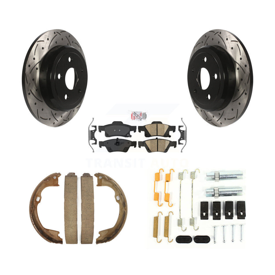 Rear Disc Drilled & Slotted Rotors Ceramic Pads Parking Shoes Hardware Kit For Dodge Jeep KDA-103709