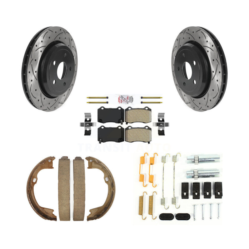 Rear Disc Drilled & Slotted Rotors Semi-Metallic Pads Parking Shoes Hardware Kit For Jeep KDA-103711