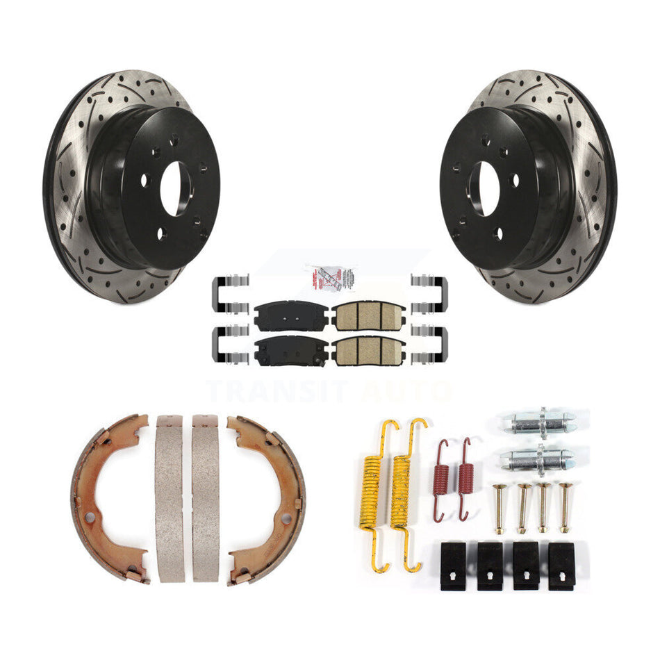 Rear Disc Drilled & Slotted Rotors Ceramic Pads Parking Shoes Hardware Kit For Chevrolet KDA-103717