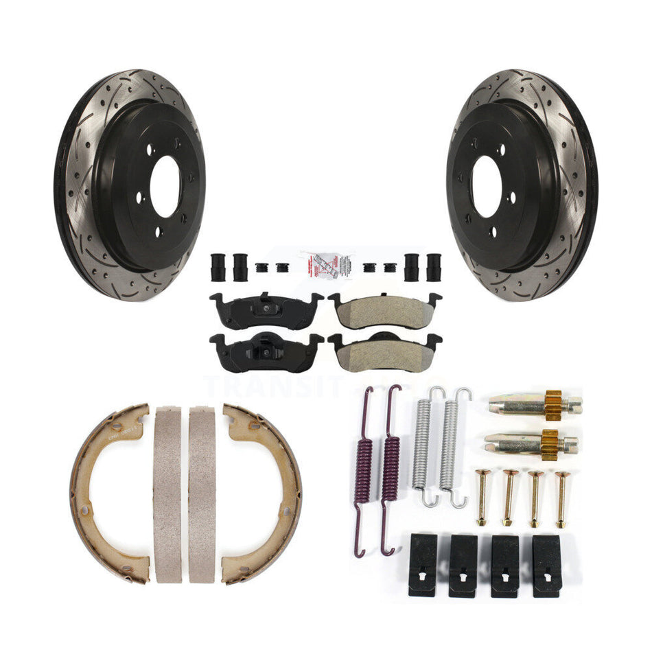 Rear Disc Drilled & Slotted Rotors Semi-Metallic Pads Parking Shoes Hardware Kit For Ford KDA-103718