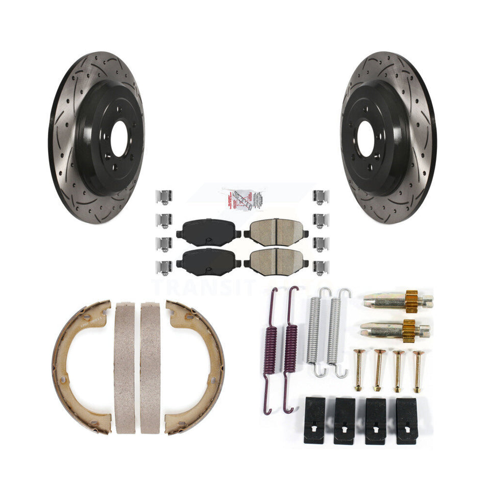 Rear Disc Drilled & Slotted Rotors Ceramic Pads Parking Brake Shoes And Hardware Kit For KDA-103719