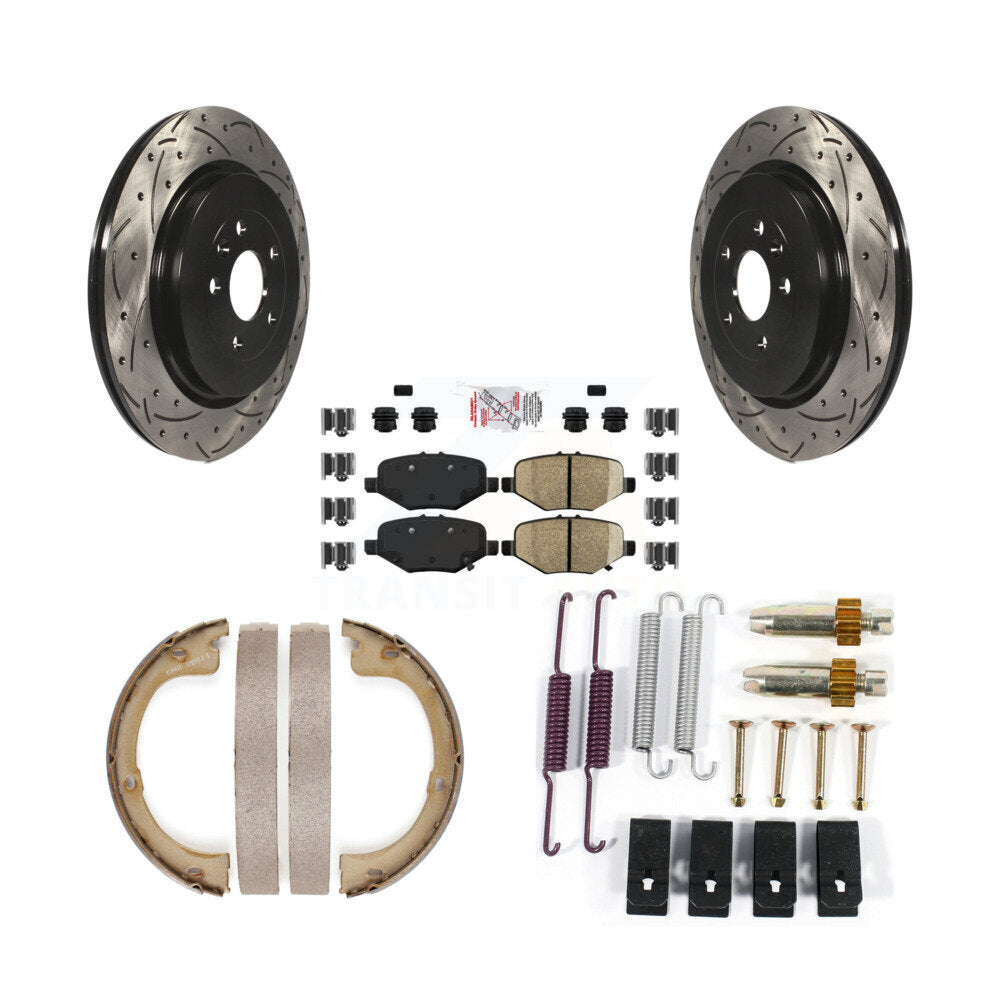 Rear Disc Drilled & Slotted Rotors Semi-Metallic Pads Parking Shoes And Hardware Kit For KDA-103723