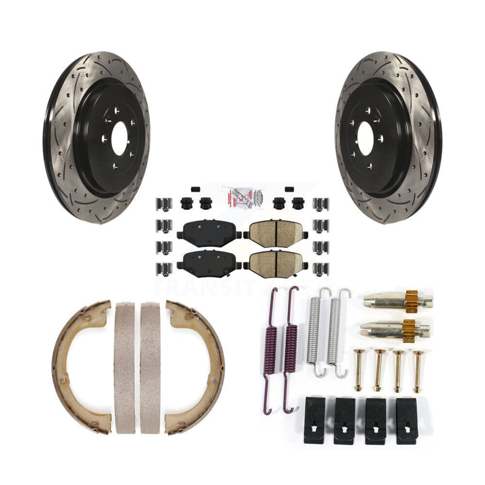 Rear Disc Drilled & Slotted Rotors Semi-Metallic Pads Parking Shoes And Hardware Kit For KDA-103723