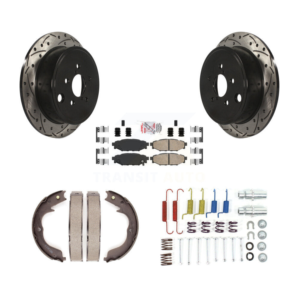 Rear Disc Drilled & Slotted Rotors Ceramic Pads Parking Shoes And Hardware Kit For Subaru KDA-103726