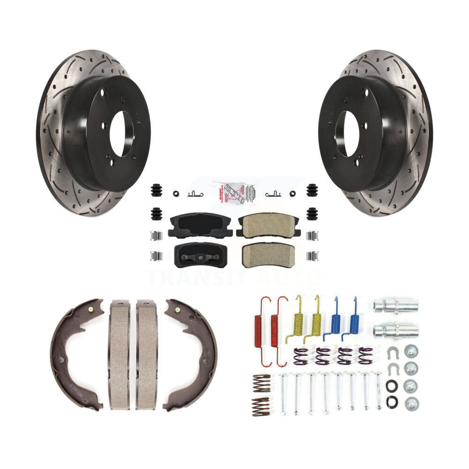 Rear Disc Drilled & Slotted Rotors Ceramic Pads Parking Shoes Hardware Kit For Mitsubishi KDA-103731