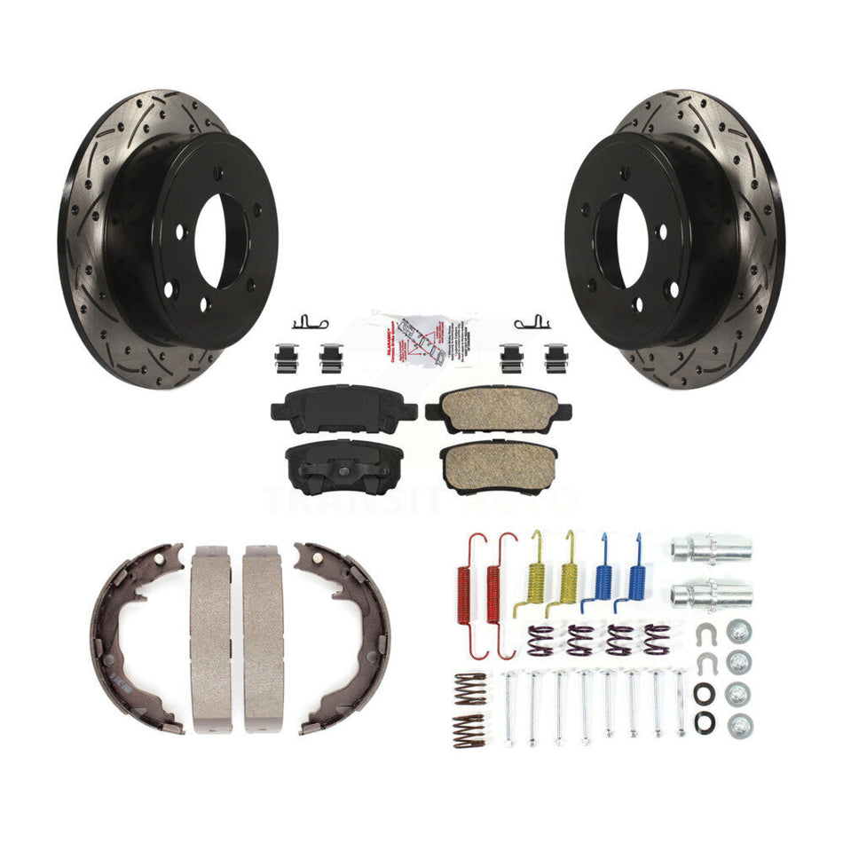 Rear Disc Drilled & Slotted Rotors Ceramic Pads Parking Brake Shoes And Hardware Kit For KDA-103733