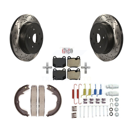 Rear Disc Drilled & Slotted Rotors Semi-Metallic Pads Parking Shoes And Hardware Kit For KDA-103734
