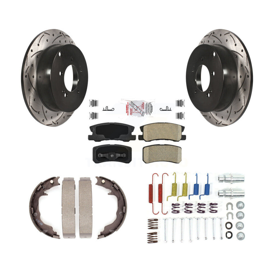 Rear Disc Drilled & Slotted Rotors Ceramic Pads Parking Brake Shoes And Hardware Kit For KDA-103735