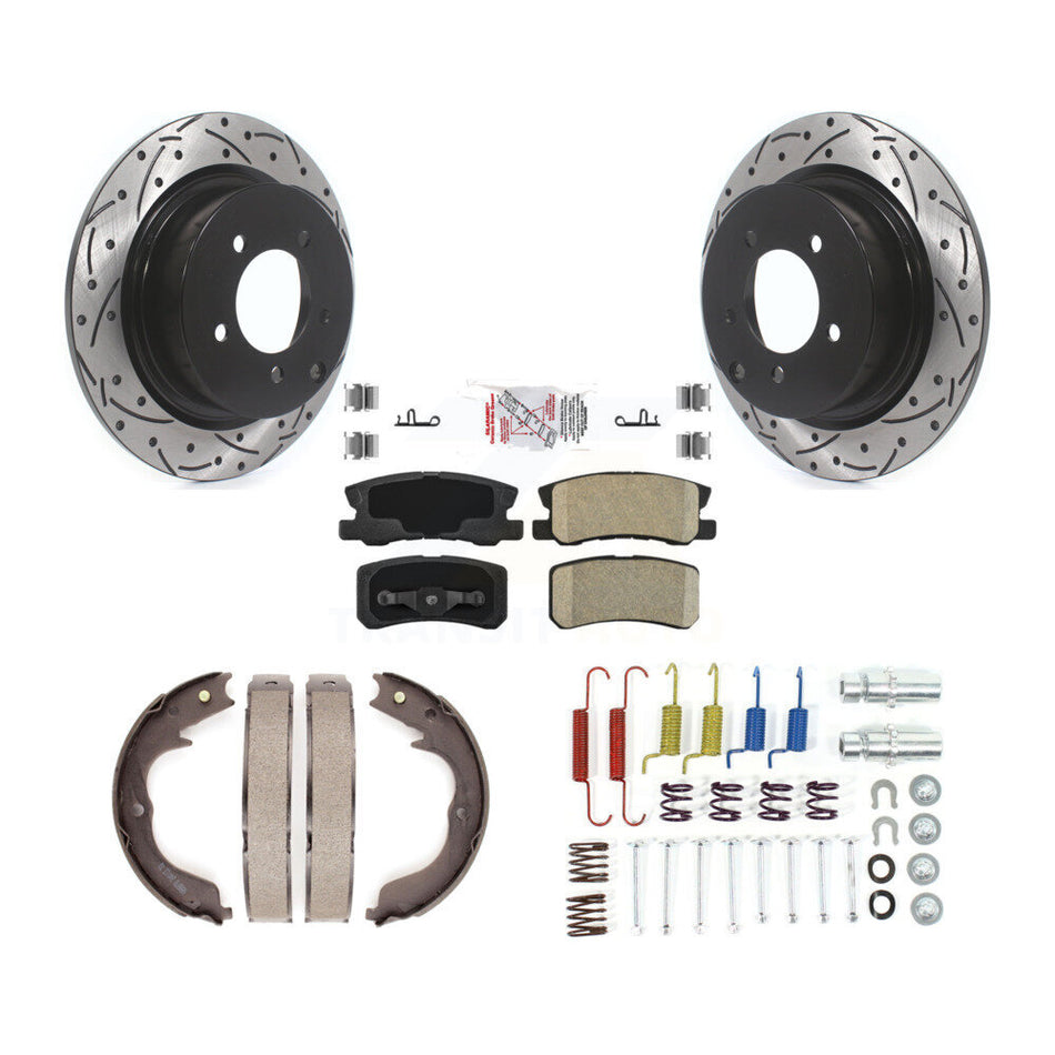 Rear Disc Drilled & Slotted Rotors Ceramic Pads Parking Brake Shoes And Hardware Kit For KDA-103737