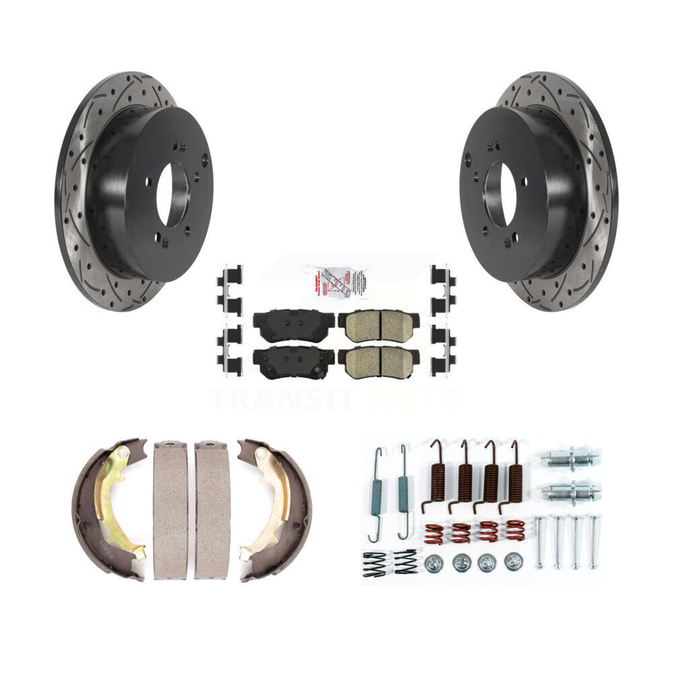 Rear Disc Drilled & Slotted Rotors Ceramic Pads Parking Brake Shoes And Hardware Kit For KDA-103740